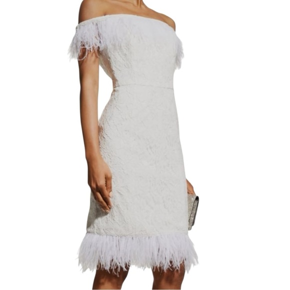 Off-Shoulder Feather-Trim Lace Dress, Aidan Mattox Women White NWT Size 2 - Picture 2 of 10